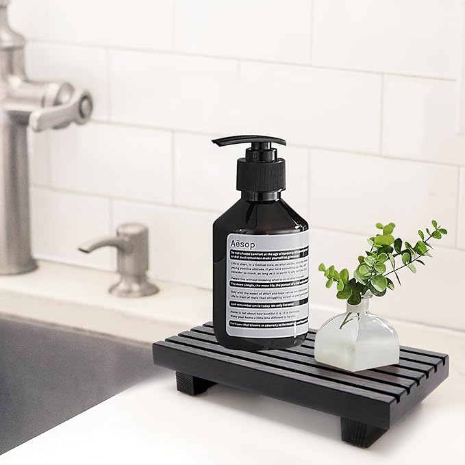 Black Bathroom Tray for Sink Decor Kitchen Counter Wood Pedestal Soap Dish | Small Sponge Holder Soap Dispenser Wooden Risers Restroom Decor Kitchen Accessories Countertop Mens Spa Vanity Toilet Tray