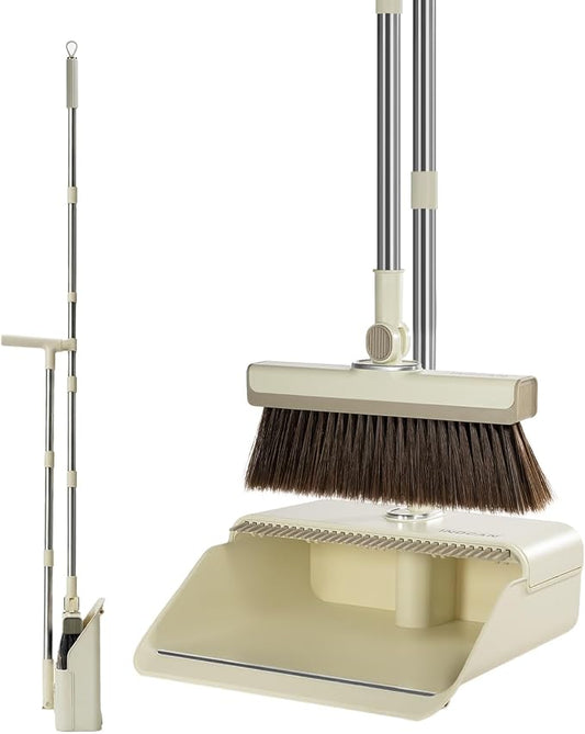 INDCAN Broom and Dustpan Set for Home, 54 Inch Long Handle Upright Broom, Rotatable Broom Head with Magnetic Mount & Self-Cleaning Teeth Comb, Indoor Floor Sweeping Set (Santra Pro) - Ivory