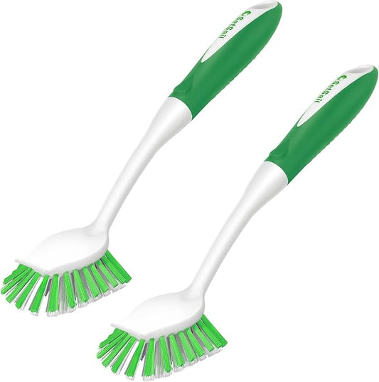 SetSail Dish Brush with Handle, 2 Pack Stiff Bristles Dish Scrubber with Built-in Scraper Dish Scrub Brushes for Cleaning Dishes, Pots and Pans, Kitchen Sink, Green