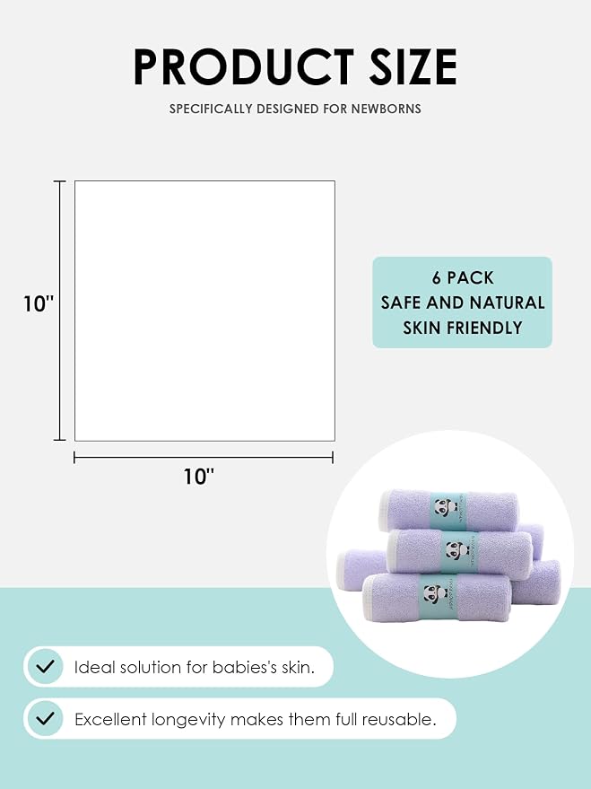 HIPHOP PANDA Baby Washcloths, Rayon Made from Bamboo - 2 Layer Ultra Soft Absorbent Newborn Bath Face Towel - Reusable Baby Wipes for Delicate Skin - Purple, 6 Pack
