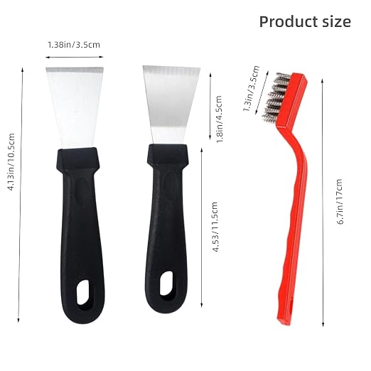2Pcs Cleaning Scraper for Ovens, Stoves, Induction Hob, Stainless Steel Multi-Kitchen Scraperwith 3Pcs Stainless Steel Brass Nylon Brush ,Straight Version + Bending Version (Black)