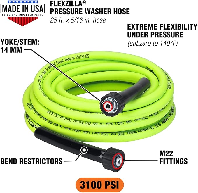 Flexzilla Pressure Washer Replacement Hose, 5/16 in. x 25 ft., 3100 PSI, M22 Fittings, No-Kink, Lightweight, ZillaGreen