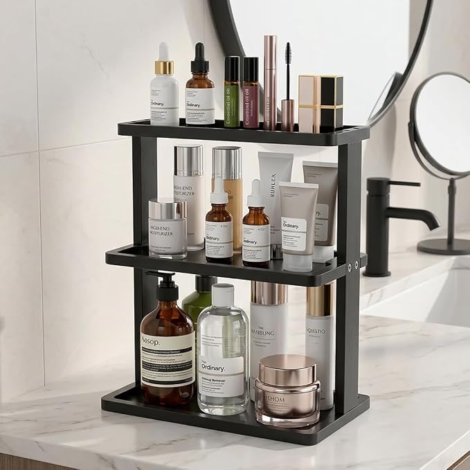 PEKER Bamboo Bathroom Organizer Countertop – Vanity Storage Shelf for Makeup, Perfume, Skincare – Natural Cosmetics Display Rack for Dresser, Sink, Kitchen – Black