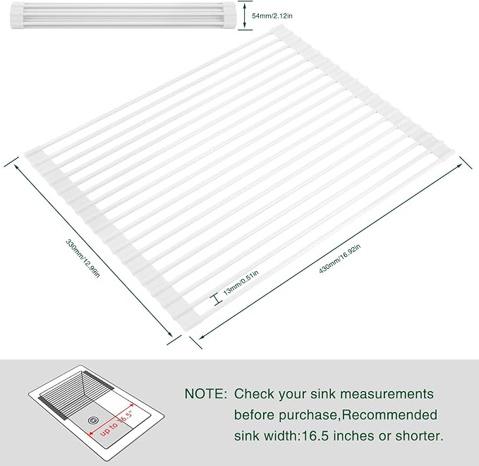 Hanzenma Roll Up Dish Drying Rack - Over The Sink, Multipurpose Foldable Sink Drying Mat, Heat-Resistant, Anti-Slip & Anti-Rust, 17" x 13", White