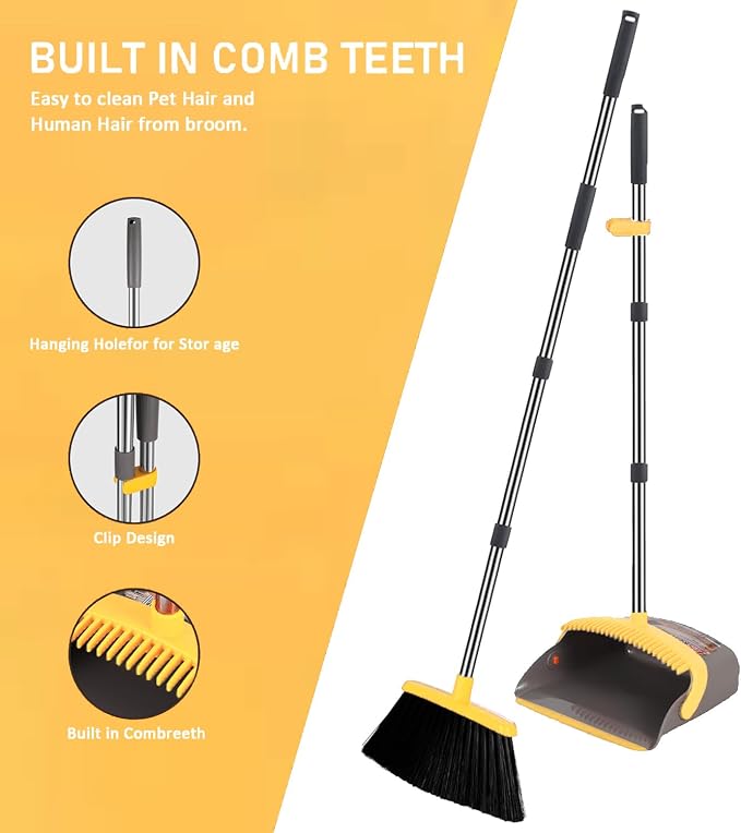2-Pack is More economical,Brooms with Dustpan Combo Set， with 52" Long Handle, Dustpan Teeth with self-Cleaning Function, Indoor and Outdoor Sweeping, Perfect for Home Office (Large/Yellow/ 2-Pack)
