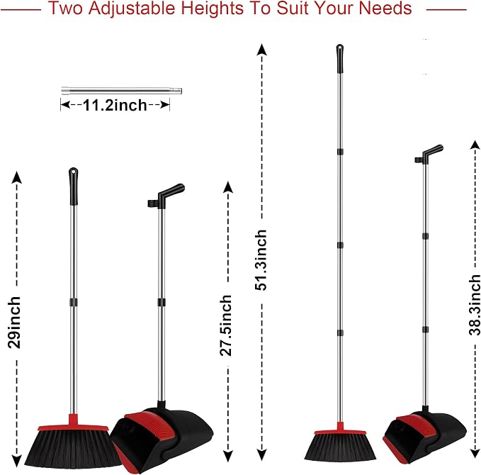 Red Broom and Dustpan Combo Set, 51" Long Handle Broom | Built-in Comb Dustpan for Pet Hair Removal, Foldable Upright Storage Design