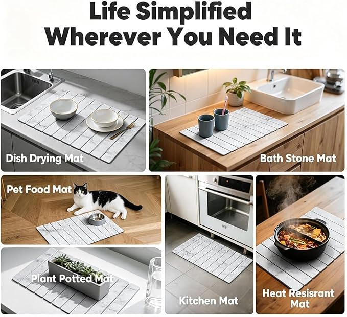 Stone Drying Mat for Kitchen Counter, Quick Diatomaceous Earth Mats for Dishes, 24"L x 16" W Super Absorbent Fast-Drying Collapsible Countertop Stone Mat (Marble White, 24" x 16")