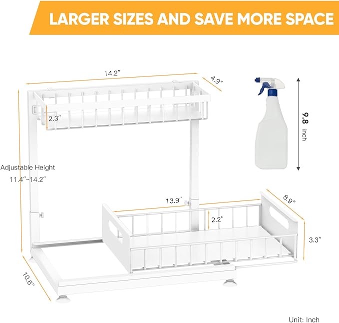 Saydear 2-Pack L-Shaped Under Sink Organizer, 2-Tier Pull-out Cabinet Rack | White Height-Adjustable Steel Rack, Sliding Grid Drawers with PP Liners, Holds 100 Lbs, Suction Base, Ideal Kitchen Storage
