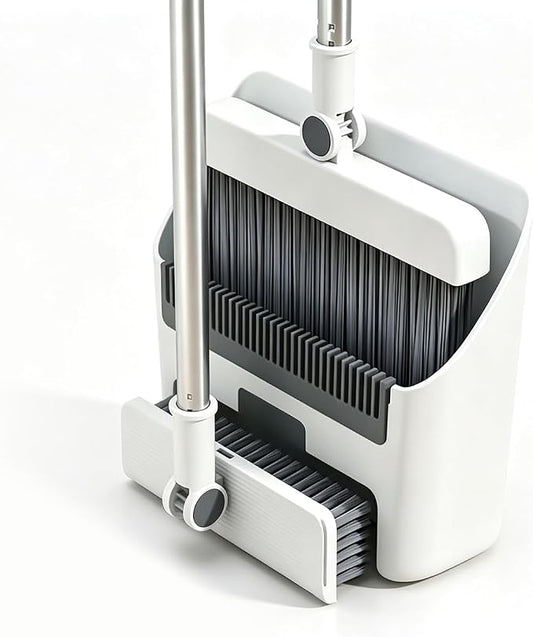 3-in-1 Upright Broom and Dustpan Combo with Long Handle | Comb Teeth Dustpan, Garbage Bag Holder, Indoor & Outdoor Use, Kitchen & Patio, Floor Sweeping Set