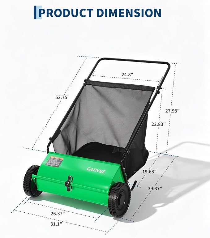 26 Inch Push Lawn Sweeper, Garden Lawn Sweeper Leaf and Grass Collector with 7 Cu.ft Mesh Bag, Adjustable Brush Height and 4 Spinning PP Brushes, Yard Sweeper for Leaves Grass Cleanup | with 7 Cu.ft Mesh Bag, Adjustable Brush Height and 4 Spinning PP B...