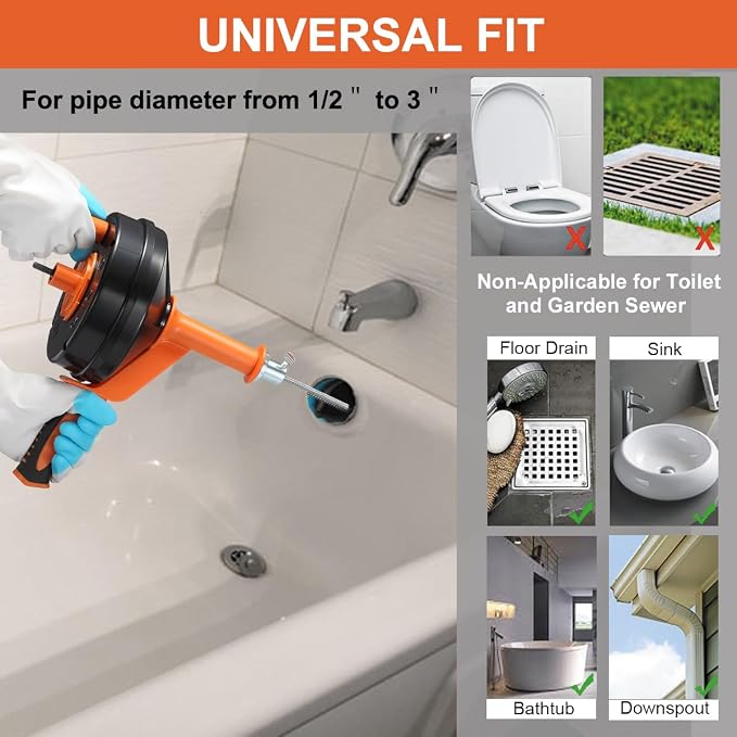 Drain Auger, Clog Remover with Drill Adapter, 25 Feet Flexible Plumbing Snake Use Manually or Powered for Kitchen, Bathroom and Shower Sink, Comes with Gloves (orange)