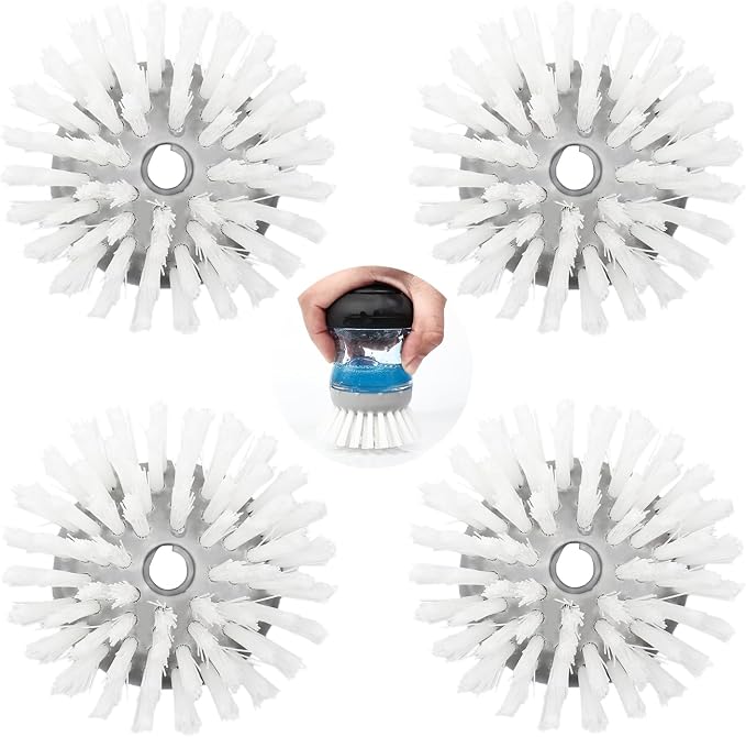 Scrub Brush 4 Pack for OXO Soap Dispenser & Dish Brush | Refill B compatible, stiff nylon bristles, white round 2.75" heads, kitchen sink brush, dish wand refill, safe for non-stick