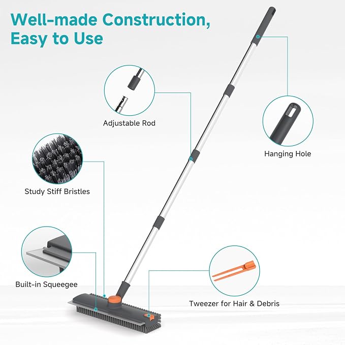 Floor Scrub Brush with Long Handle Length Adjustable, 3 in 1 Heavy-Duty Stiff 90° Bristle Floor Scrubber Broom with Squeegee, Cleaning Brush for Bathroom, Garage, Kitchen, Tile, Deck & Patio (Gray)