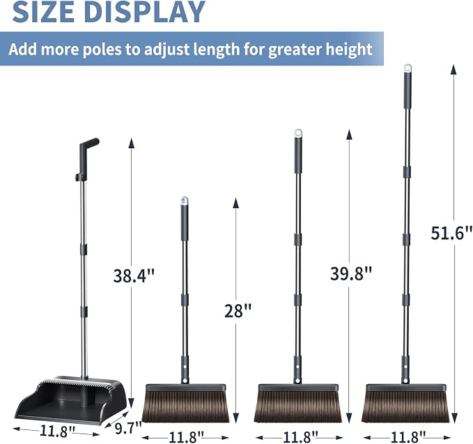 Broom with Dustpan Combo Set, Broom and Dustpan Set with 51.6" Long Handle & Two Broom Heads, Brooms with Dust Pan Teeth for Pet Hair, Indoor&Outdoor Sweeping, Home, Kitchen, Office