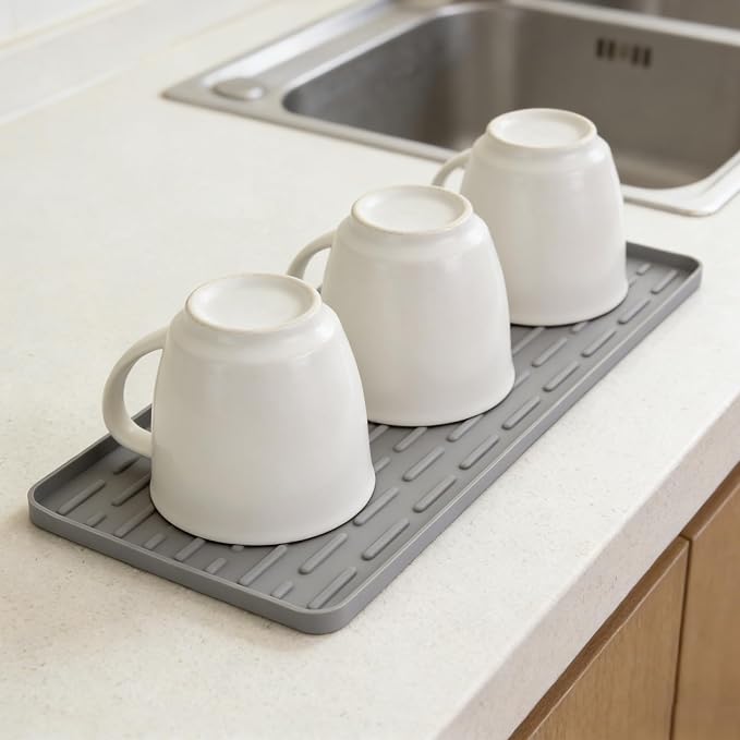 Silicone Coffee Mat, 16"X7" Heat-Resistant,Eco-friendly,Hygienic Drying Pad,Leak-Proof and Non-Slip,Removable Silicone Mat with Concave and Convex Design,（Gray 16X7）
