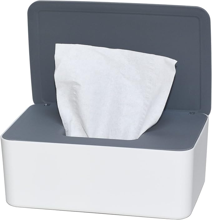 Diaper Wipes Dispenser, Tissue Storage Box Case (Gray-White) | Refillable Baby Wipe Container, Keeps Wipes Clean, Wet Wipe Dispenser Holder with Lid for Home, Office, Cars