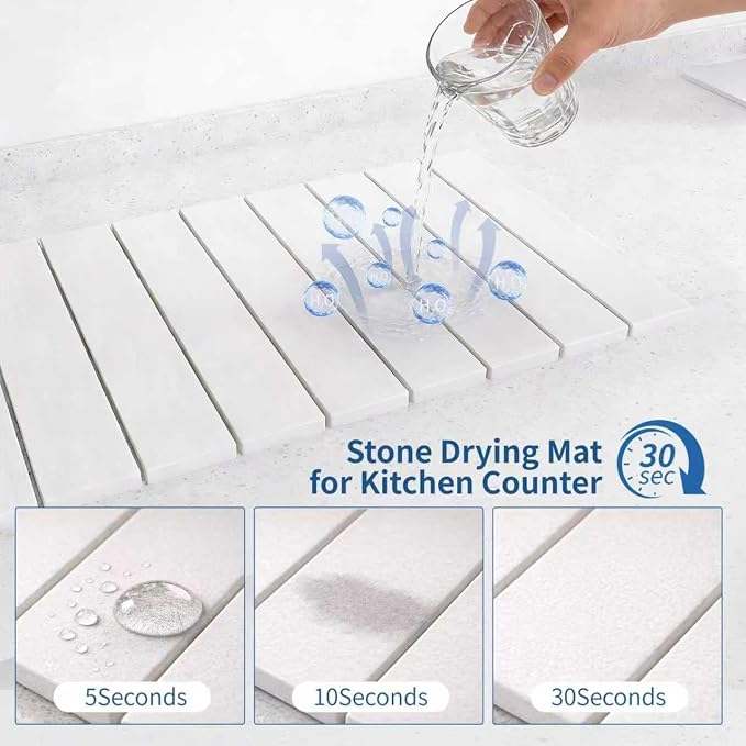 Hopegiver Stone Drying Mat for Kitchen Counter, 24" x 16" Quick Dry Diatomaceous Earth Dish Drying Mat, Super Absorbent, Non-Slip & Foldable, Modern White Countertop Mat (White,24''x16'')