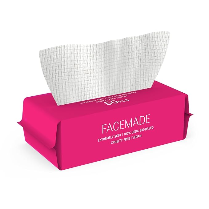 FACEMADE 50 Count (Soft Pack) Disposable Travel Towels, Ultra Thick Face Towels Disposable, Clean Facial Towels for Makeup Remover, Skincare, USDA Certified 100% Biobased