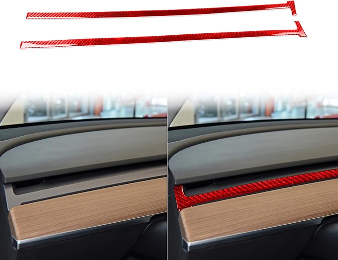 Red Real Carbon Fiber Trim for Tesla Accessories | for Model 3 2017-2022 / Model Y 2020-2024 Dashboard Sides Decoration Strip Sticker Interior Thick Overlay Decal