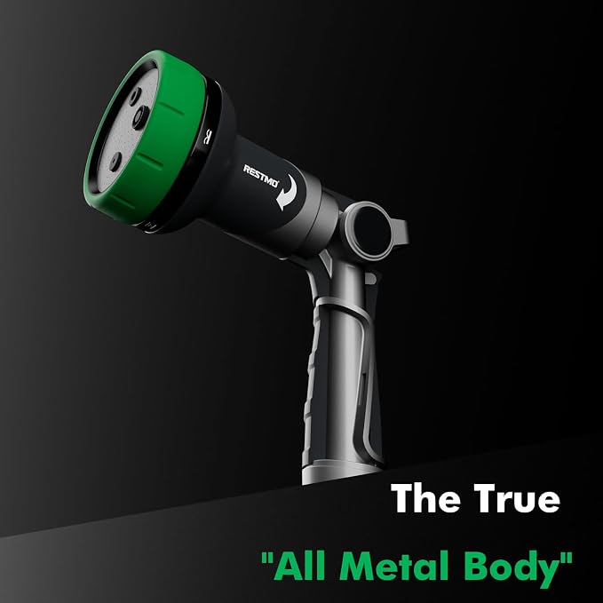 RESTMO Heavy Duty Garden Hose Nozzle, Multi-Angle Hose Spray Nozzle | 4 Adjustable Spray Patterns, Garden Hose Sprayer with Twist Switch, Thumb Flow Control, Ideal for Outdoor Lawn & Yard, Green