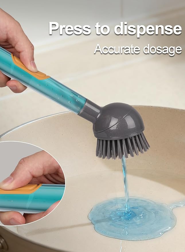 Soap Dispensing Dish Brush with Handle, 360° Rotating Head, 5-Piece Kitchen Cleaning Set (2 Brush Heads & 3 Sponges), Non-Scratch Scrubber for Pot, Pan, Sink, Leak-Proof Dishwand, Grey