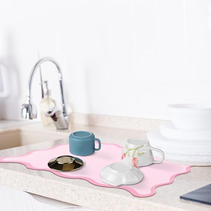 Nuanchu Pink Scalloped Coffee Mat 12" x 19" Coffee Bar Accessories Cute Dish Drying Mat for Kitchen Counter Aesthetic Waterproof Coquette Drainer Pad