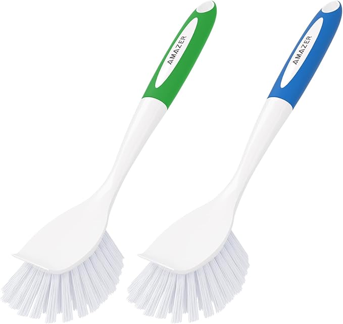 Amazer Dish Brush with Handle, 2 Pack Kitchen Scrub Brushes for Cleaning, Dish Scrubber with Stiff Bristles for Sink, Pots, Pans