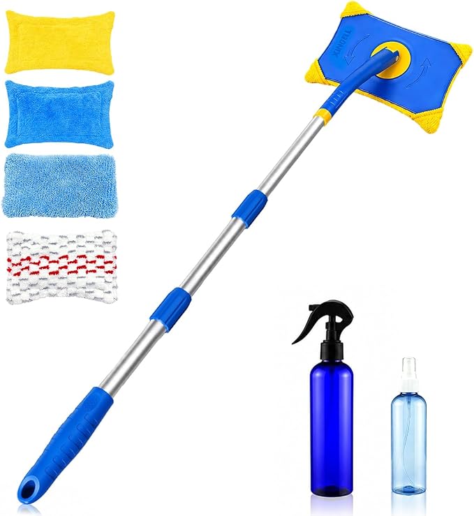 XINDELL Long Reach Windshield Cleaner Tool, 28"-44.5" Extendable Car Glass Cleaner with Curved Pole & Pivot Head, Inside Windshield Cleaner for SUV Truck RV, 4 Microfiber Pads | Curved Pole Pivot Head