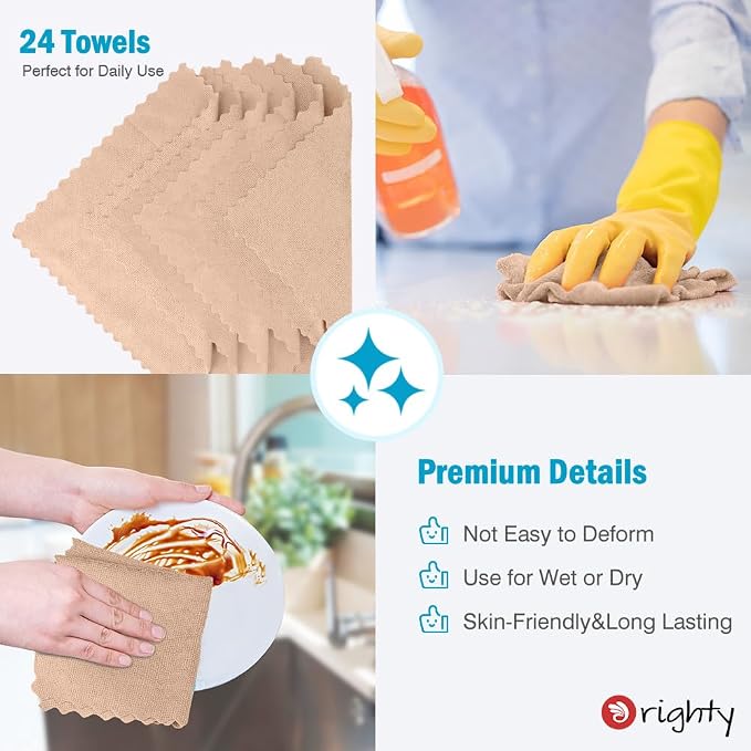 Orighty Microfiber Cleaning Cloth - 24 Pack, Brown Cleaning Rags 12x11 inch | Microfiber Towels for Cars, Highly Absorbent Household Cleaning Supplies, Reusable Lint Free Cloths for House, Kitchen