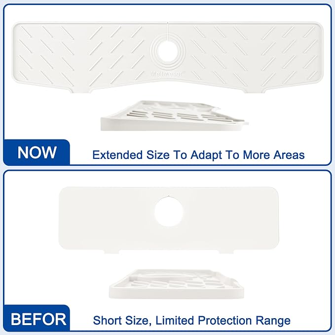 Faucet Mat for Kitchen Sink – 24” x 5.1” Extra-Long Silicone Splash Guard with 10° Slope & Upgraded Drainage – Gen 3 Sink Water Catcher & Sponge Holder for Kitchen, Bathroom (White)