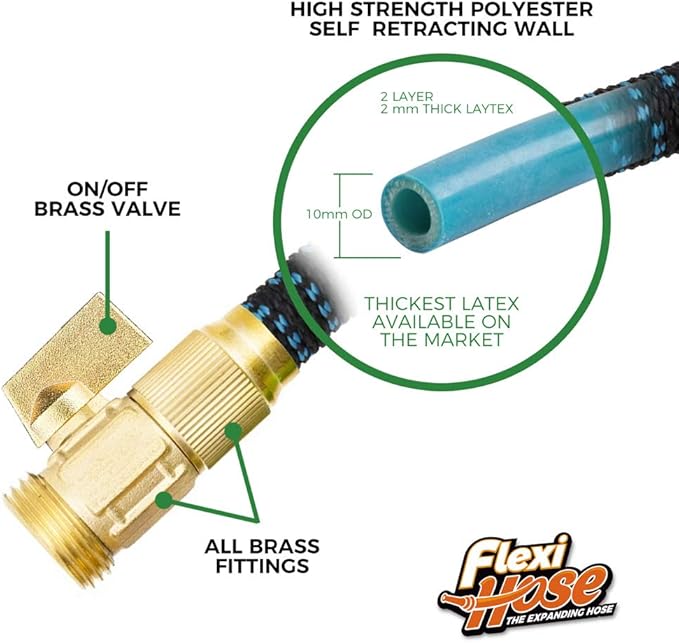 Flexi Hose Expandable Garden Hose with 8 Function Nozzle, 100FT - Lightweight Retractable Garden Hose, Water Hose - No-Kink Flexibility, 3/4 Inch Solid Brass Fittings and Double Latex Core