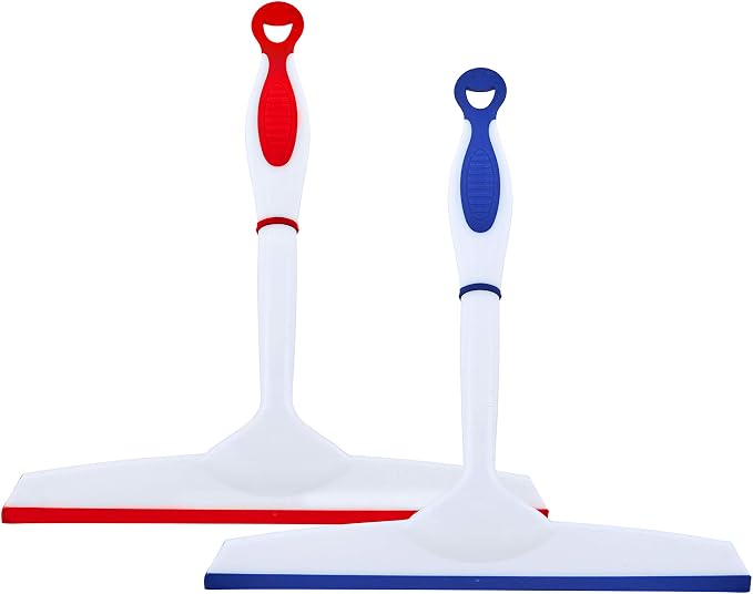 Superio Rubber Squeegee, 2 Pack, Streak Free All Purpose Window Squeegee, Comfort Grip Handle and Hanging Hook (Blue- Red, 10 Inch- 2 Pack)