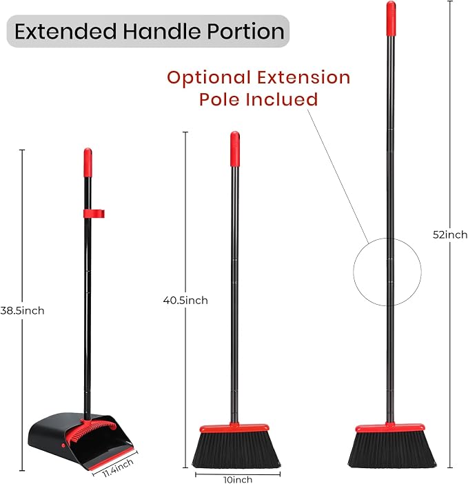 TreeLen Dust Pan and Broom/Dustpan Cleans Broom Combo with 52" Long Handle for Home Kitchen Room Office Lobby Floor Use Upright Stand Up Broom and Dustpan Set - Black/Red