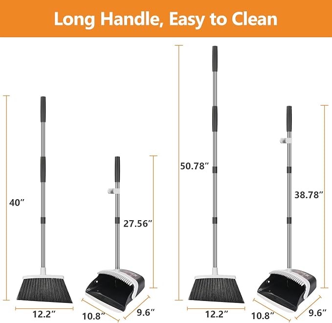 Folews Broom and Dustpan Set, Heavy Duty Dust Pan with Broom Combo Set | 51 Inch Long Handle, Upright Self-Cleaning, for Home Kitchen Lobby Indoor Outdoor Sweeping Cleaning Tool, Gray