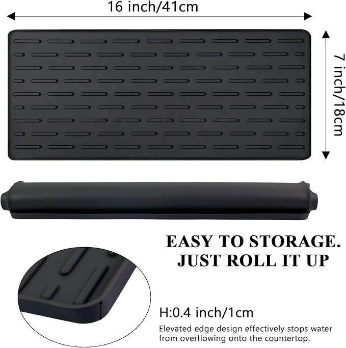 Silicone Coffee Mat, 16"X7" Heat-Resistant,Eco-friendly,Hygienic Drying Pad,Leak-Proof and Non-Slip,Removable Silicone Mat with Concave and Convex Design,（Black 16X7）