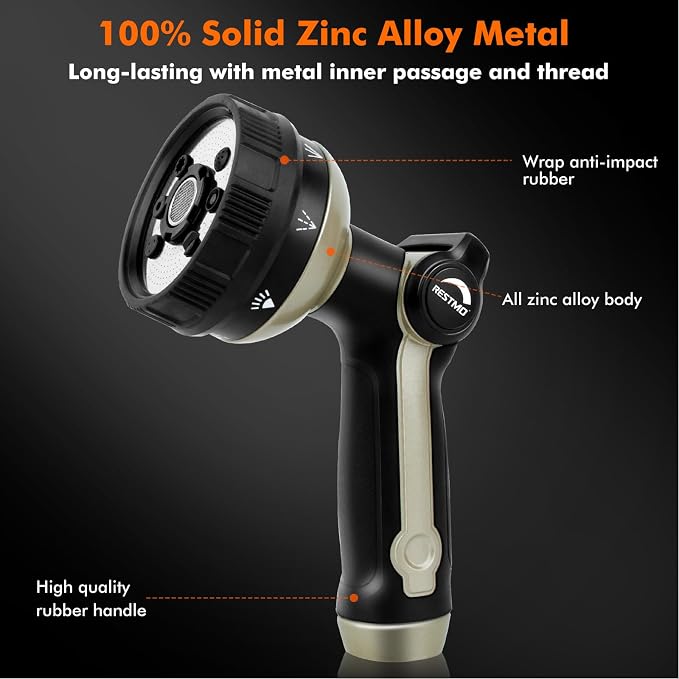 RESTMO Garden Hose Nozzle Heavy Duty, Metal Sprayer Nozzle Thumb Control | 8 Spray Patterns Full Shower Water Hose nozzle for Garden Hose, Ideal for Lawn & Plant Watering, Car & Pet Washing, Bronze