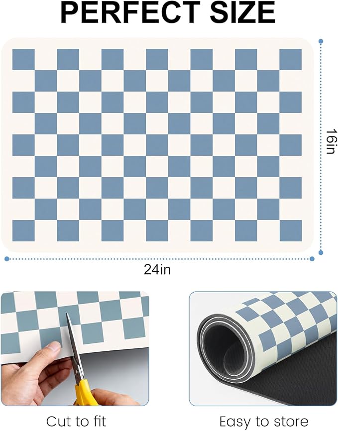 Clinuse Coffee Mats, 24"x16" Checkered Dish Drying Mat for Kitchen Counter, Quick Dry Mat, Diatomite Absorbent Aesthetic Large Drying Mats for Coffee Bar - Blue White