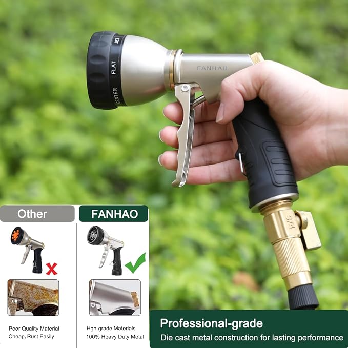 FANHAO Garden Hose Nozzle Heavy Duty, Metal Water Hose Sprayer, Leakproof | 7 Adjustable Spray Patterns, Rustproof Zinc Alloy, Hands-Free Lock, Ergonomic Grip Water Nozzle for Lawn, Plant, Car & Pet