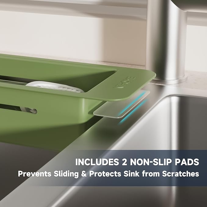 NiHome Extendable Sink Caddy, Small Telescopic Kitchen Brush Holder | Adjustable Sink Organizer for Brush/Sponge with Fast Drainage, Durable ABS, Non-Slip Pads, Expandable Brushes Holder (Green)