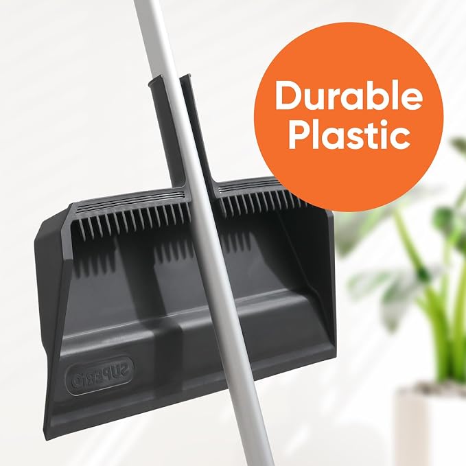 Superio Wide Plastic Dustpan with Comb - 16" Wide, Rubber Lip, Broom Handle Clip, Grey