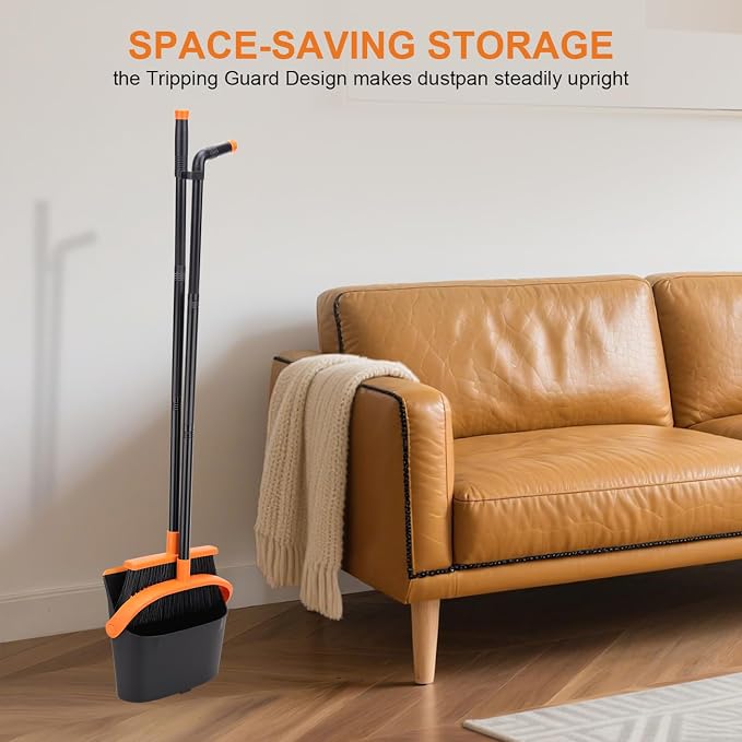 Broom and Dustpan Set - 56" Long Adjustable Handle Broom with Upright Standing Dustpan Combo for Home,Kitchen, Shopping Mall and Factory Indoor&Outdoor Sweeping