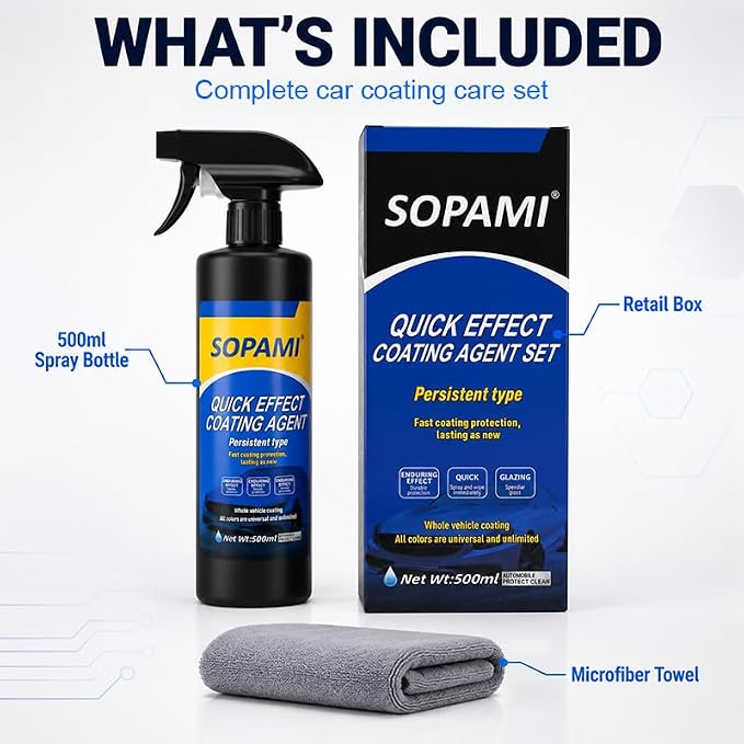 Sopami Car Coating Spray, Quick Effect Coating Agent - 33.8 FL OZ | Car Scratch Wax Polish Spray Waterless Wash, Quickly Coat Car Wax, Oil Film Emulsion Glass Cleaner with towel for All Car
