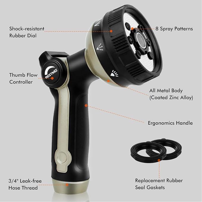 RESTMO Garden Hose Nozzle Heavy Duty, Metal Sprayer Nozzle Thumb Control | 8 Spray Patterns Full Shower Water Hose nozzle for Garden Hose, Ideal for Lawn & Plant Watering, Car & Pet Washing, Bronze