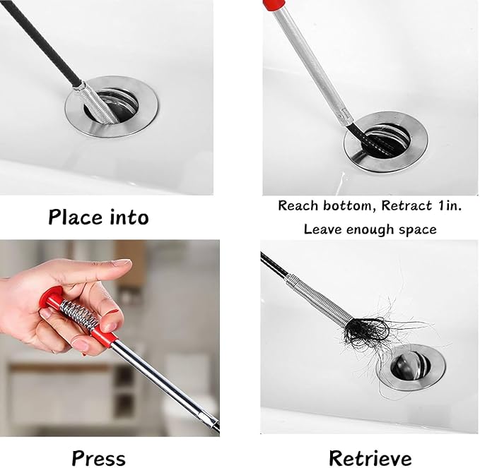Drain Snake Clog Remover Tool, 3 Plastic (20 Inches) and 1 Stainless Drain Snakes (33 Inches) Included, Effectively Clean Hair and Other Clog for Toilet, Kitchen Sink, Bathroom Tub