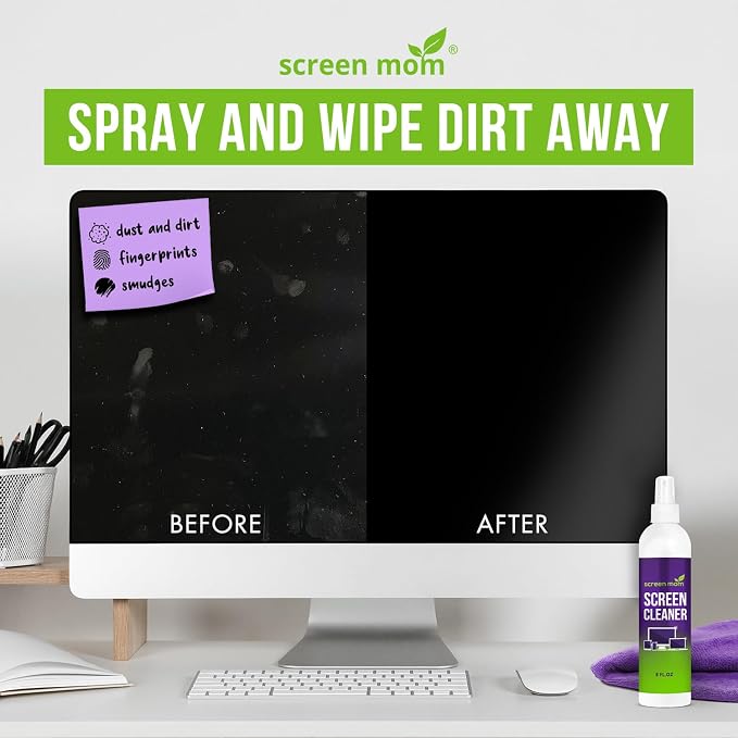 Screen Mom Screen Cleaner Spray 8oz Bottle for TV, Car, Laptop & Computer | Streak-Free Cleaning, Glass & OLED Safe, Alcohol & Ammonia Free, Scratch-Safe Microfiber Cloth, No Fingerprints & Smudges