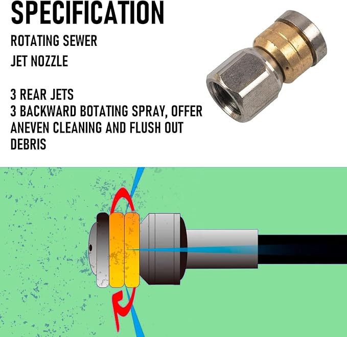 Hourleey Sewer Jetter Kit for Pressure Washer 150FT, 4000 PSI Drain Cleaner Hose 1/4 Inch NPT, Corner Rotating and Button Hose Sewer Jetting Nozzle Pearl Corsage Pin Tape Handle Strap Spanner, Green