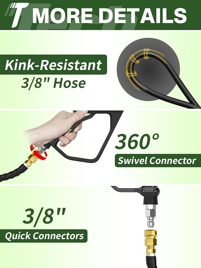 3/8" 4800PSI Pressure Washer Hose 25FT Swivel Quick Connect | Power Washer Hose for Cold/Hot Water Max 248°F, Kink Resistant Steel Wire Braided, Wear Resistant with M22 14mm Adapter