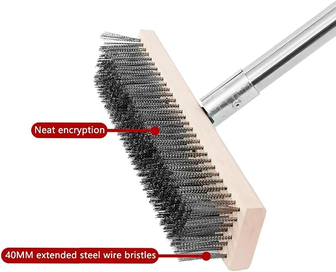 Heavy Duty Floor Scrubber,Deck Brush with Long Handle,56L''×12W Stainless Steel Wire Scrub Brush, Stiff Metal Bristle Scrubber Broom for Deck, Concrete, Patio Floor Cleaning Moss Removal