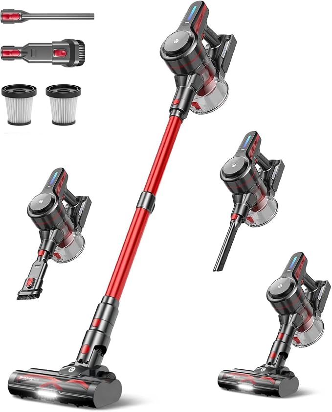 CHEBIO Lightweight Cordless Vacuum Cleaners for Home, Stick Vacuum Cordless Rechargeable with 45kPa Suction,45-Min Run,Anti-Tangle and Self-Stand, 6 in 1 Hardwood Vacuum Cleaner (red)