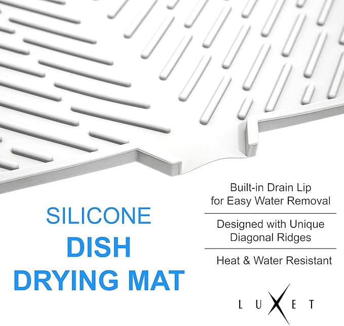 Luxet Silicone Dish Drying Mat with Built-in Drain Lip - Hygienic Drying Pad - Sturdy Compact Easy to Clean Tray Protects Surfaces Prevents Water Build Up - 23 X 17 (White)
